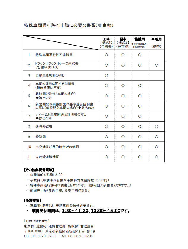 特殊車両通行許可申請に必要な書類（東京都）